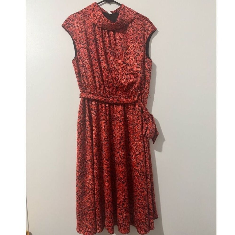 Maggy London Womens Satin Red Floral Collared ALine Midi Dress sz 12 Euro-Summer - Picture 2 of 8